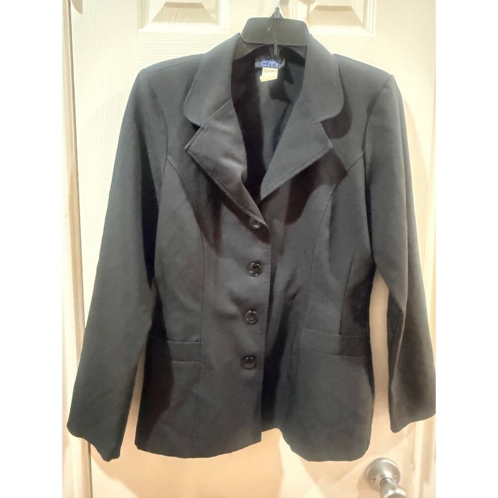 Star City Womens Black Blazer Jacket Medium Button Front Pockets Polyester Blend